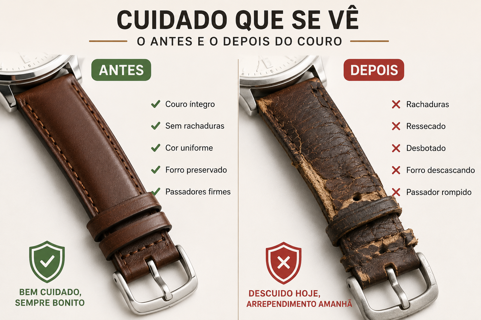 Comparativo mostra pulseira de couro de relógio bem conservada antes e rachada, ressecada e desbotada depois, destacando a importância dos cuidados com o couro.