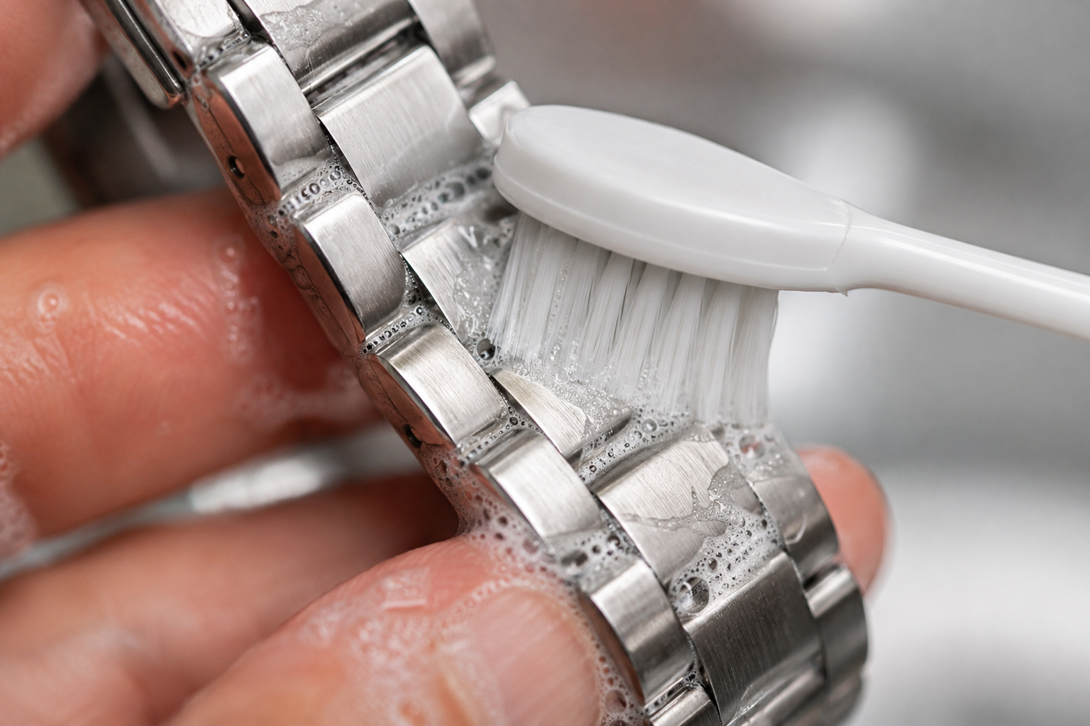 Escova de dentes extramacia limpando suavemente os elos de uma pulseira de aço com espuma de sabão.