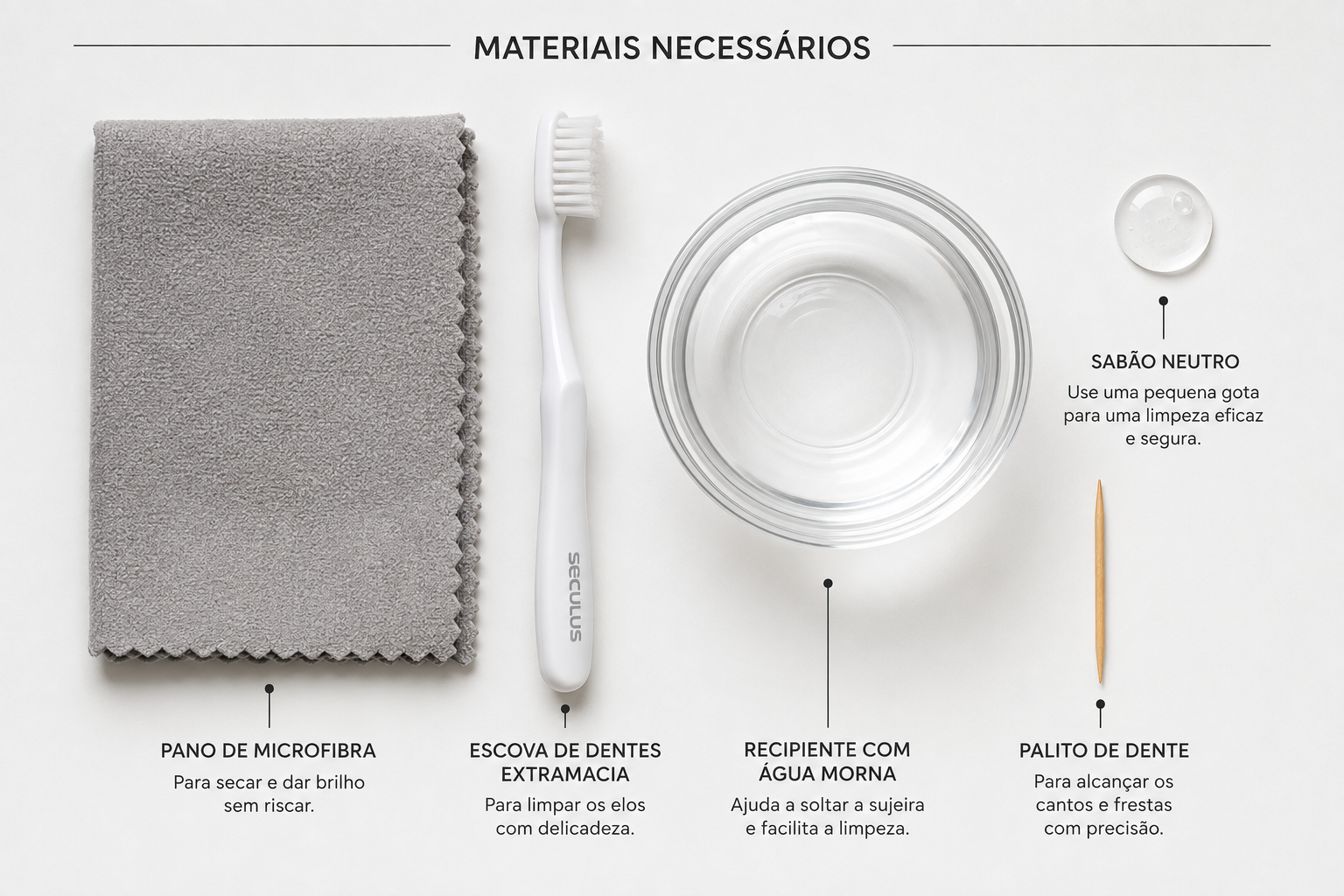 Flat lay com pano de microfibra, escova de dentes extramacia, recipiente com água morna, sabão neutro e palito de dente para limpeza de relógio Seculus.
