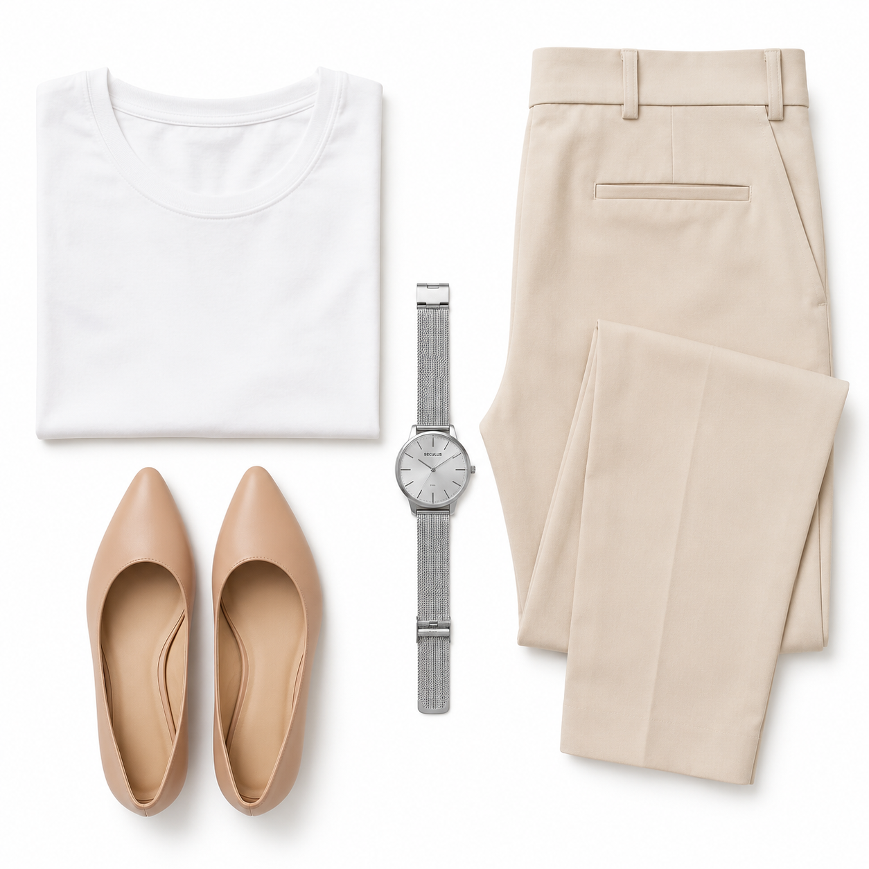 Flat lay minimalista com camiseta branca, calça de alfaiataria bege, sapatilhas nude e relógio Seculus slim prata ao centro sobre fundo branco.