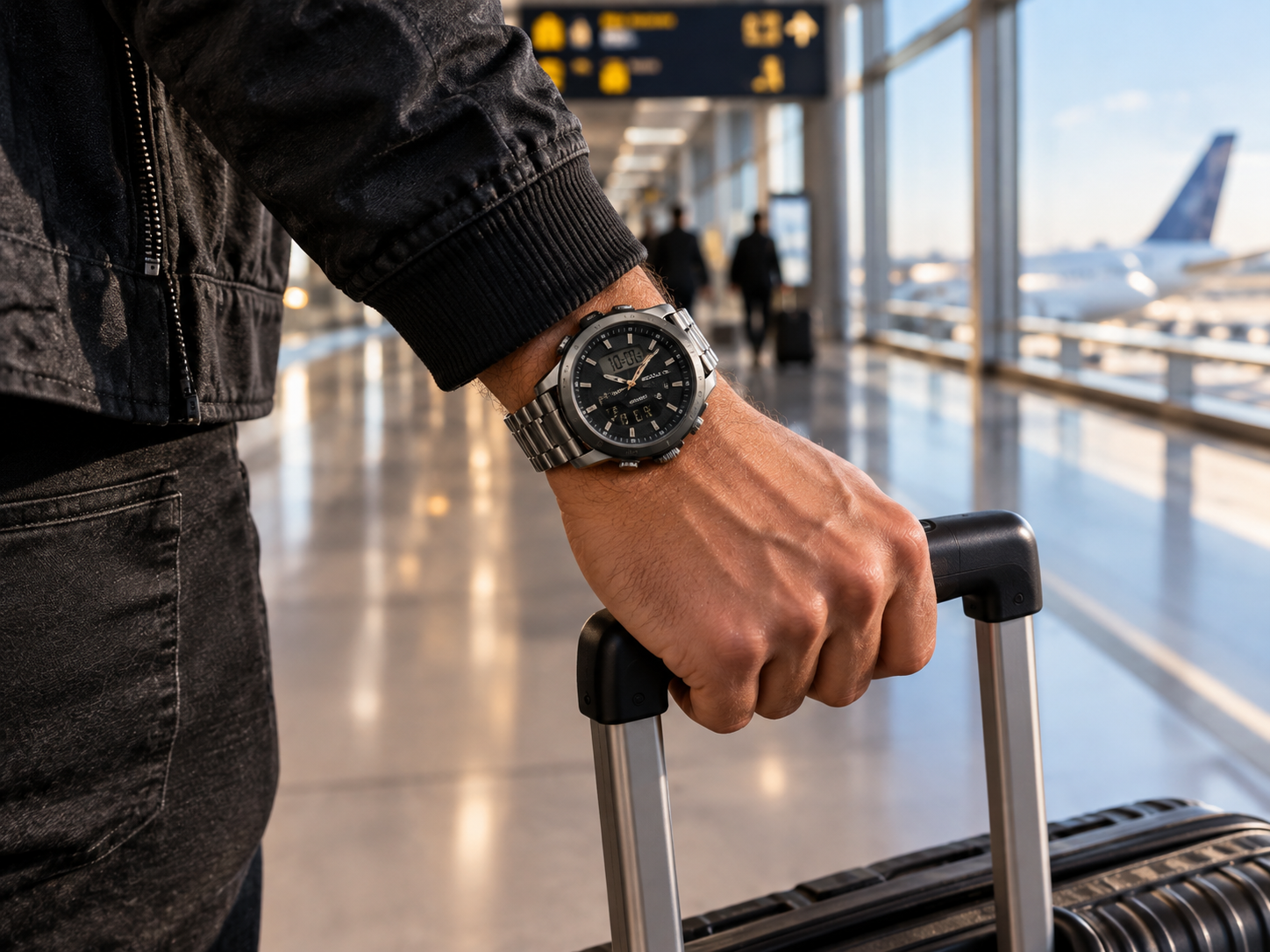 Close em pulso masculino com relógio Seculus anadigi enquanto puxa mala de rodinhas em corredor de aeroporto.