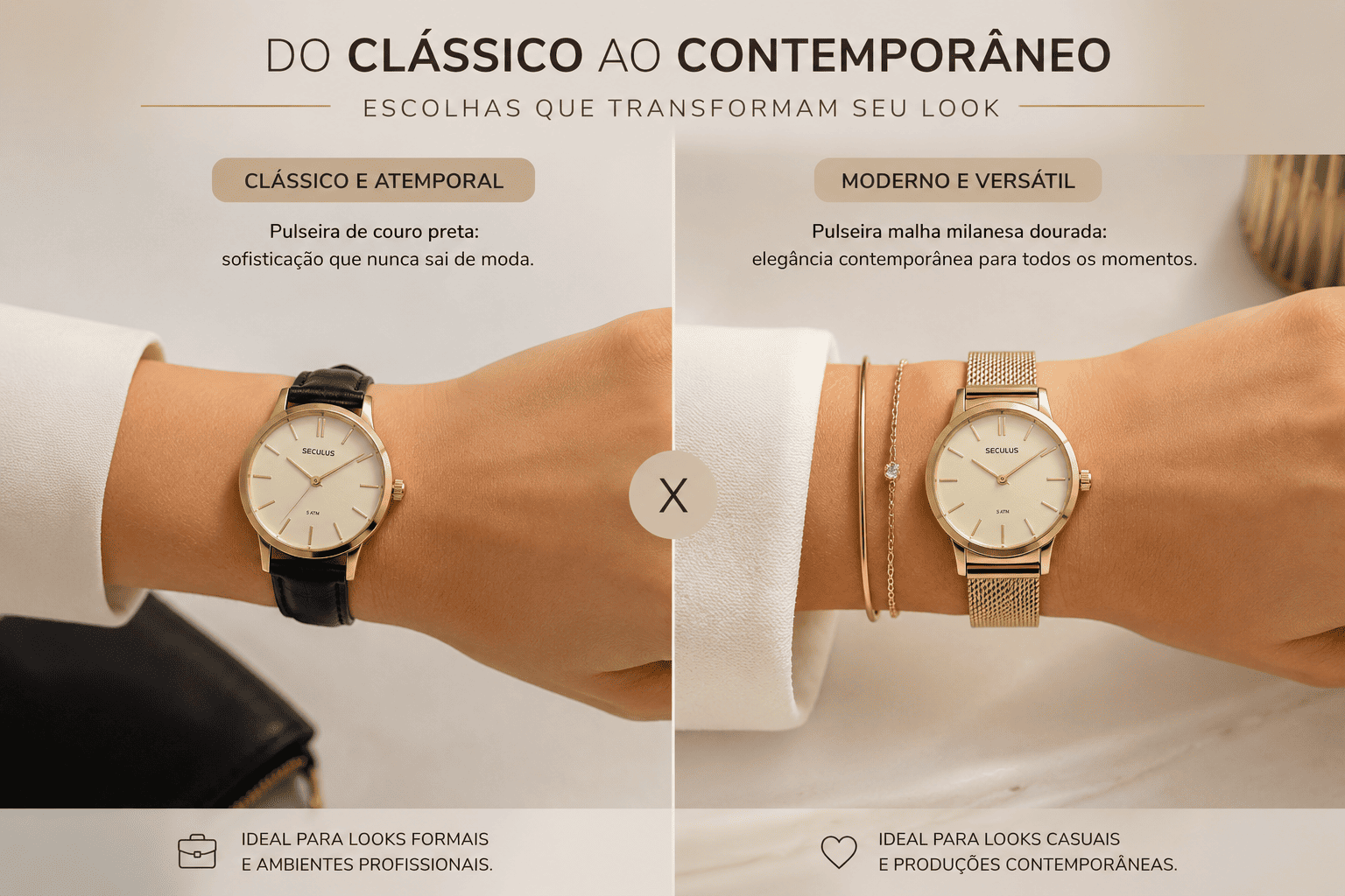 Comparativo de relógios femininos Seculus com pulseira de couro preto para looks formais e pulseira de malha milanesa dourada para looks contemporâneos.
