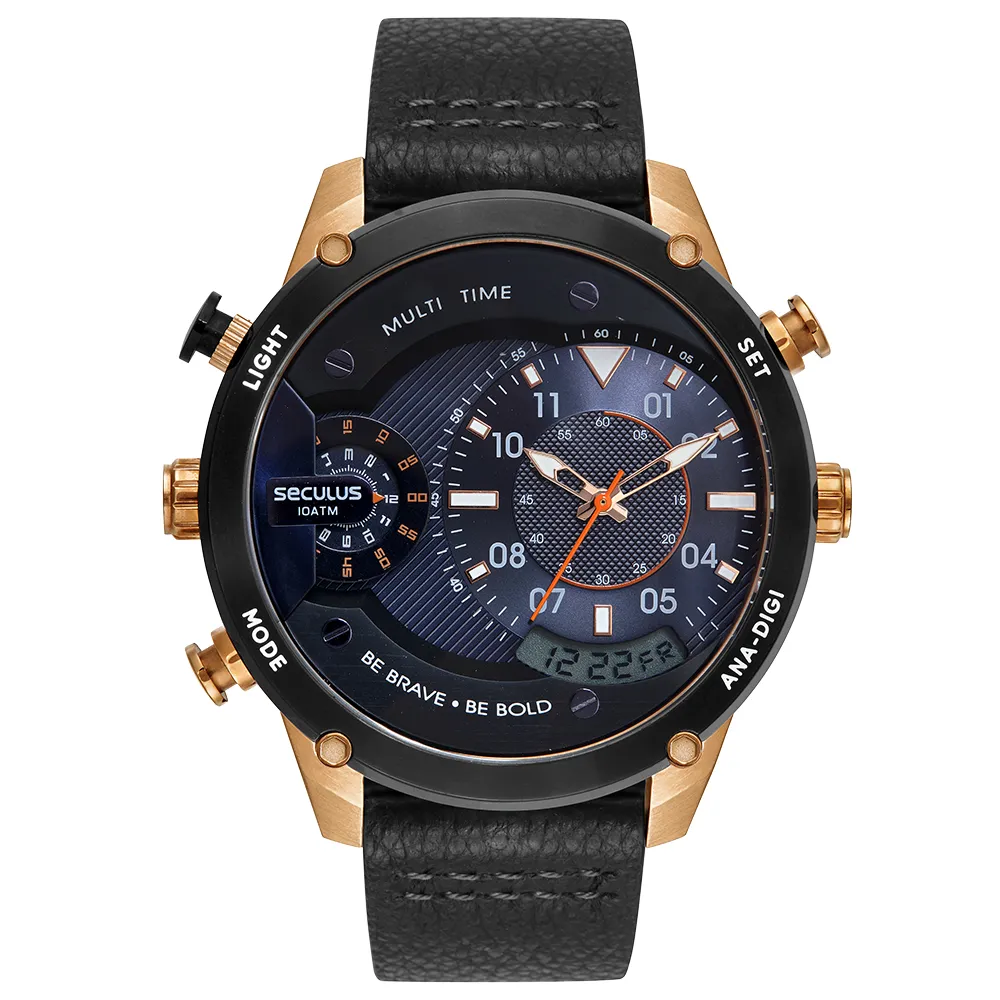 Relógio masculino Seculus dourado, caixa redonda com aro preto, mostrador azul e preto anadigi e pulseira de couro preta.