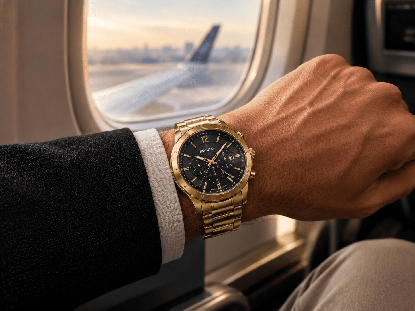 Relógio masculino Seculus Dual Time dourado no pulso, com blazer e janela de avião desfocada ao fundo.