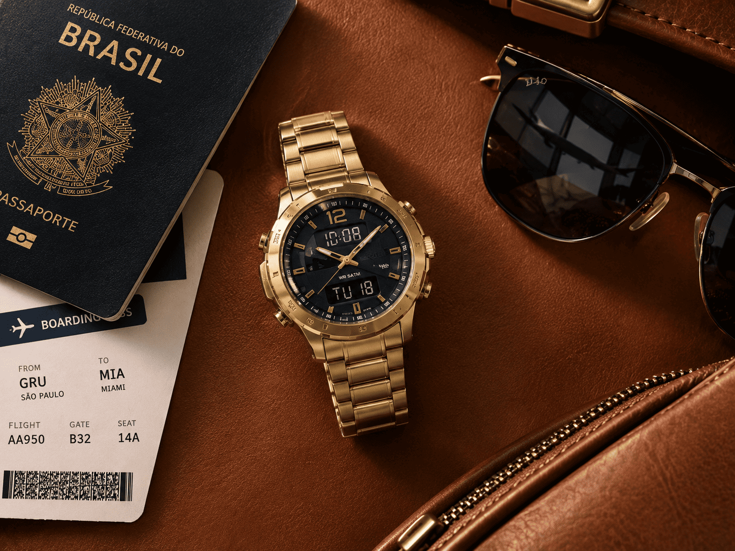 Relógio Seculus anadigi dourado ao centro de composição com passaporte, cartão de embarque e óculos de sol sobre couro caramelo.
